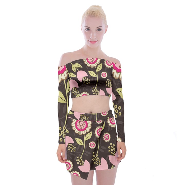 Flowers Wallpaper Floral Decoration Off Shoulder Top with Mini Skirt Set