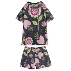 Flowers Wallpaper Floral Decoration Kids  Swim Tee And Shorts Set