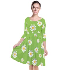 Daisy Flowers Floral Wallpaper Quarter Sleeve Waist Band Dress