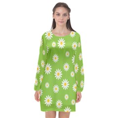 Daisy Flowers Floral Wallpaper Long Sleeve Chiffon Shift Dress 