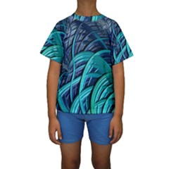 Oceanic Fractal Turquoise Blue Kids  Short Sleeve Swimwear by Pakrebo