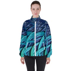 Oceanic Fractal Turquoise Blue High Neck Windbreaker (women)