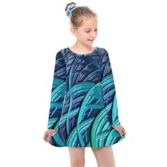 Oceanic Fractal Turquoise Blue Kids  Long Sleeve Dress by Pakrebo