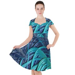 Oceanic Fractal Turquoise Blue Cap Sleeve Midi Dress