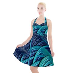 Oceanic Fractal Turquoise Blue Halter Party Swing Dress 