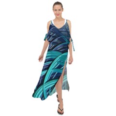 Oceanic Fractal Turquoise Blue Maxi Chiffon Cover Up Dress