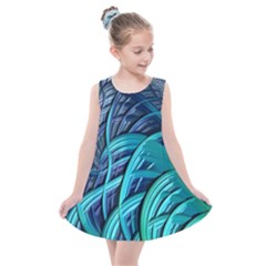 Oceanic Fractal Turquoise Blue Kids  Summer Dress