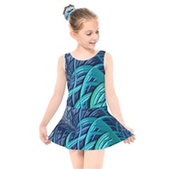 Oceanic Fractal Turquoise Blue Kids  Skater Dress Swimsuit