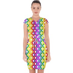 Rainbow Colors Chevron Design Capsleeve Drawstring Dress 