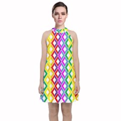 Rainbow Colors Chevron Design Velvet Halter Neckline Dress 