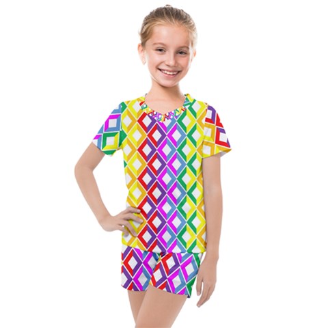 Rainbow Colors Chevron Design Kids  Mesh Tee And Shorts Set by Pakrebo