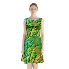 Patterns Green Yellow String Sleeveless Waist Tie Chiffon Dress by Pakrebo