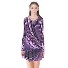 Purple Fractal Flowing Fantasy Long Sleeve V-neck Flare Dress by Pakrebo