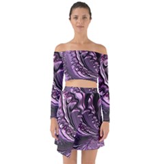 Purple Fractal Flowing Fantasy Off Shoulder Top With Skirt Set