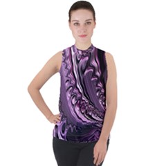 Purple Fractal Flowing Fantasy Mock Neck Chiffon Sleeveless Top