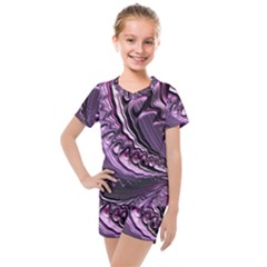 Purple Fractal Flowing Fantasy Kids  Mesh Tee And Shorts Set