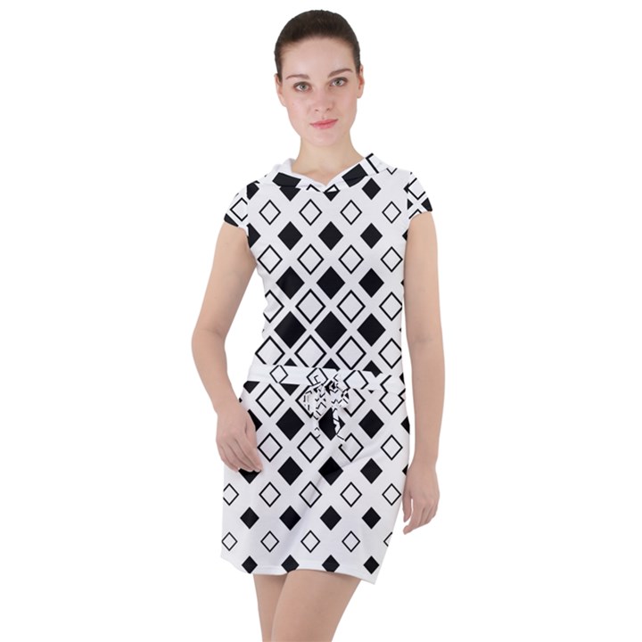 Square Diagonal Pattern Monochrome Drawstring Hooded Dress