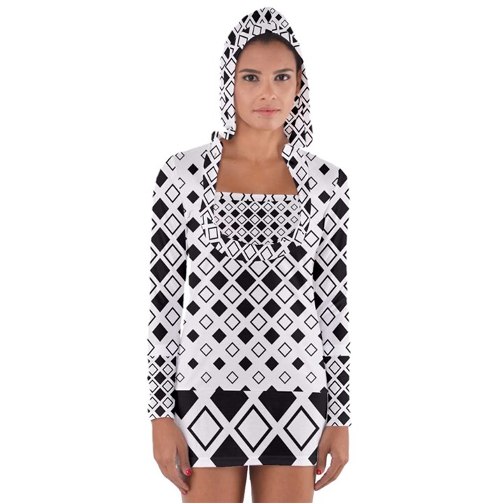 Square Diagonal Pattern Monochrome Long Sleeve Hooded T-shirt