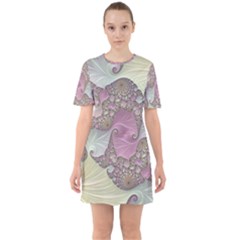 Pastels Cream Abstract Fractal Sixties Short Sleeve Mini Dress by Pakrebo