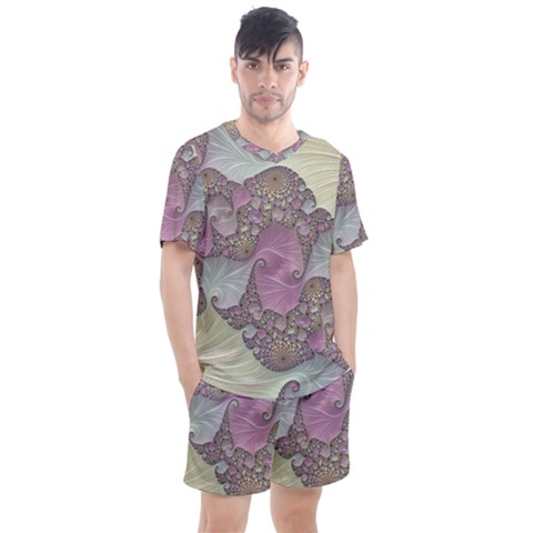 Pastels Cream Abstract Fractal Men s Mesh Tee And Shorts Set by Pakrebo