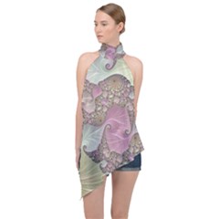 Pastels Cream Abstract Fractal Halter Asymmetric Satin Top