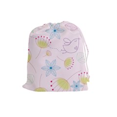 Floral Background Bird Drawing Drawstring Pouch (large)