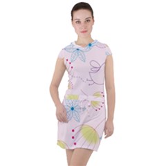 Floral Background Bird Drawing Drawstring Hooded Dress