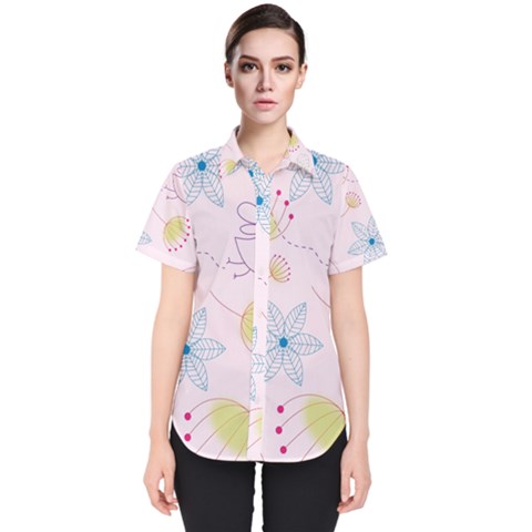 Floral Background Bird Drawing Women s Short Sleeve Shirt by Pakrebo