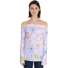 Floral Background Bird Drawing Off Shoulder Long Sleeve Top