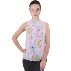 Floral Background Bird Drawing Mock Neck Chiffon Sleeveless Top