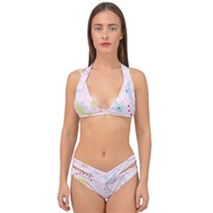 Floral Background Bird Drawing Double Strap Halter Bikini Set