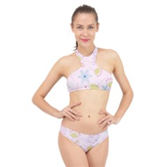 Floral Background Bird Drawing High Neck Bikini Set