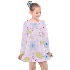 Floral Background Bird Drawing Kids  Long Sleeve Dress by Pakrebo