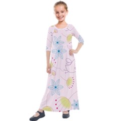 Floral Background Bird Drawing Kids  Quarter Sleeve Maxi Dress by Pakrebo