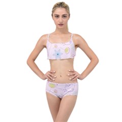 Floral Background Bird Drawing Layered Top Bikini Set