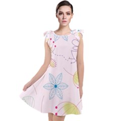 Floral Background Bird Drawing Tie Up Tunic Dress