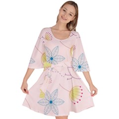 Floral Background Bird Drawing Velour Kimono Dress