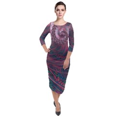 Fractal Artwork Digital Pattern Quarter Sleeve Midi Velour Bodycon Dress