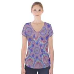 Purple Splat Fractal Art Short Sleeve Front Detail Top by Pakrebo