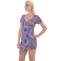 Purple Splat Fractal Art Short Sleeve Asymmetric Mini Dress