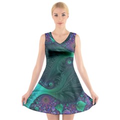 Ocean Green Sea Blue Fractal Art V-neck Sleeveless Dress