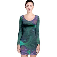 Ocean Green Sea Blue Fractal Art Long Sleeve Velvet Bodycon Dress