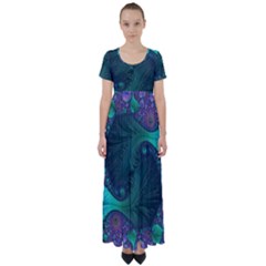 Ocean Green Sea Blue Fractal Art High Waist Short Sleeve Maxi Dress