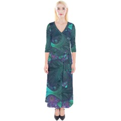 Ocean Green Sea Blue Fractal Art Quarter Sleeve Wrap Maxi Dress