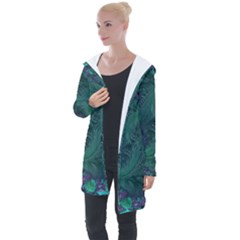 Ocean Green Sea Blue Fractal Art Longline Hooded Cardigan