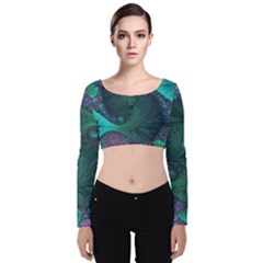 Ocean Green Sea Blue Fractal Art Velvet Long Sleeve Crop Top