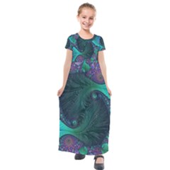 Ocean Green Sea Blue Fractal Art Kids  Short Sleeve Maxi Dress by Pakrebo