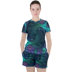 Ocean Green Sea Blue Fractal Art Women s Tee And Shorts Set