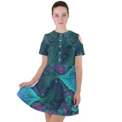 Ocean Green Sea Blue Fractal Art Short Sleeve Shoulder Cut Out Dress 