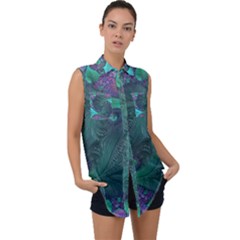 Ocean Green Sea Blue Fractal Art Sleeveless Chiffon Button Shirt